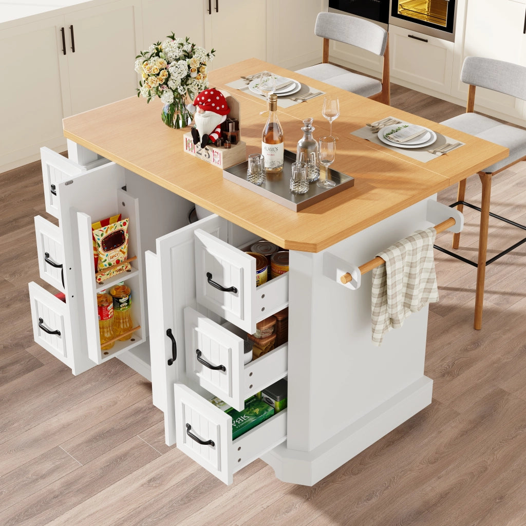 OKWISH Carrello da Cucina con 2 Ante e 6 Cassetti, 5 Ruote con 2 Freni, per Cucina, Bianco, 120×45×91 cm