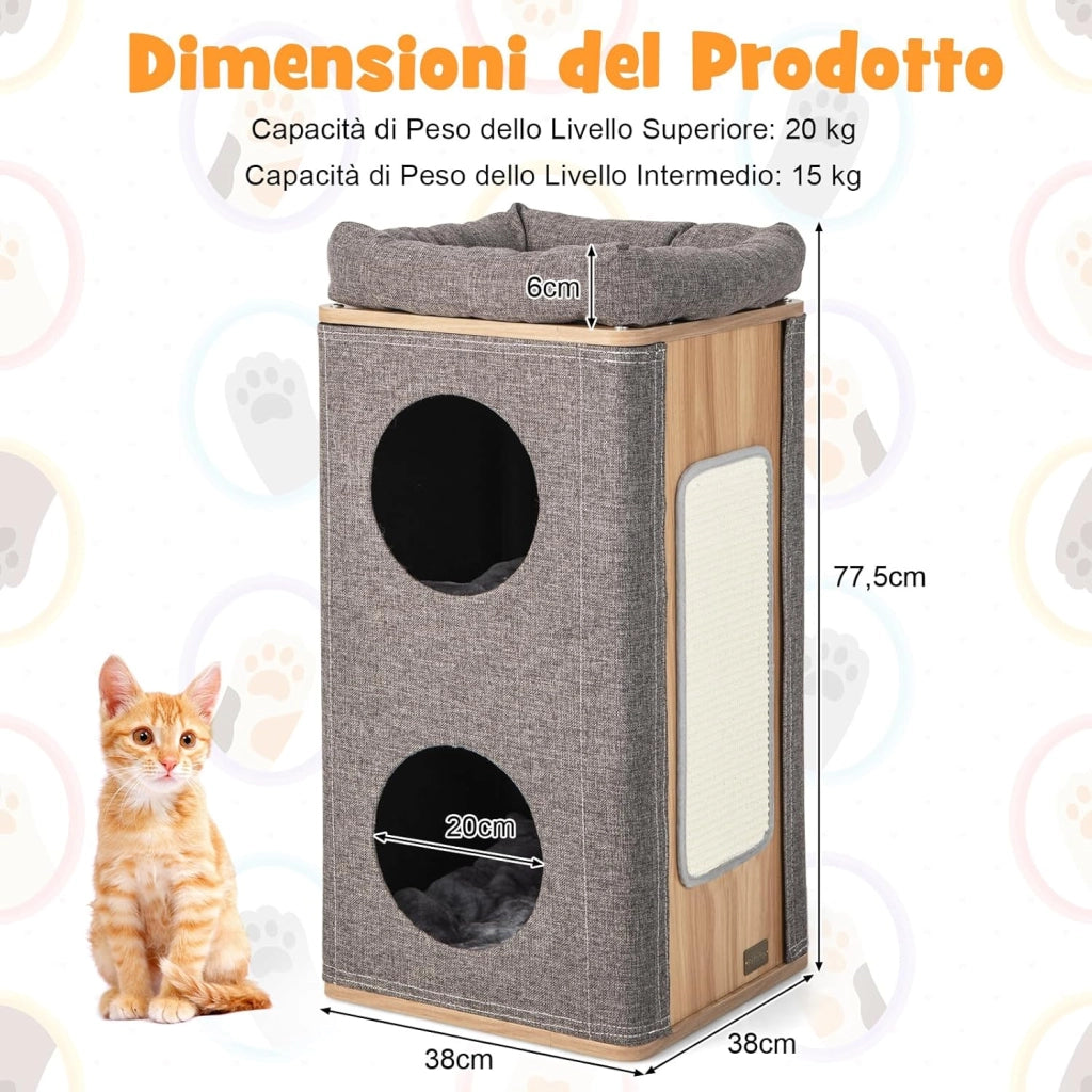 Casetta per Gatti a 3 Piani, Cuccia per Gatti con Tiragraffi, 2 Scomparti Coperti e 3 Materassini, Casa per Gatti Moderna con Graffiatoio da Interno