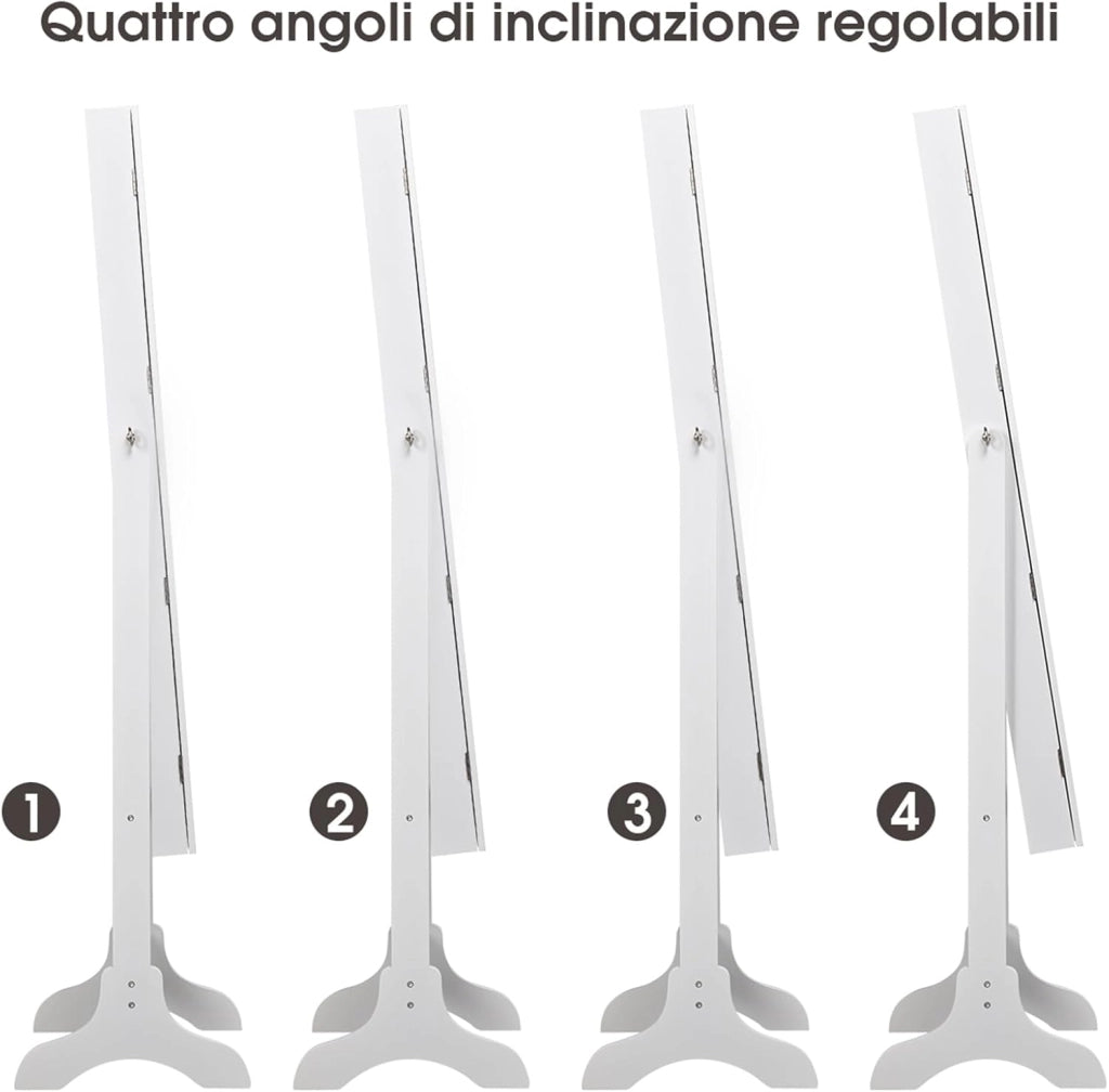 Armadietto Portagioie da Terra, Specchio Portagioie con Luci LED, Angolo Regolabile, con Chiave, 41,5 x 37 x 160 cm (Bianco)