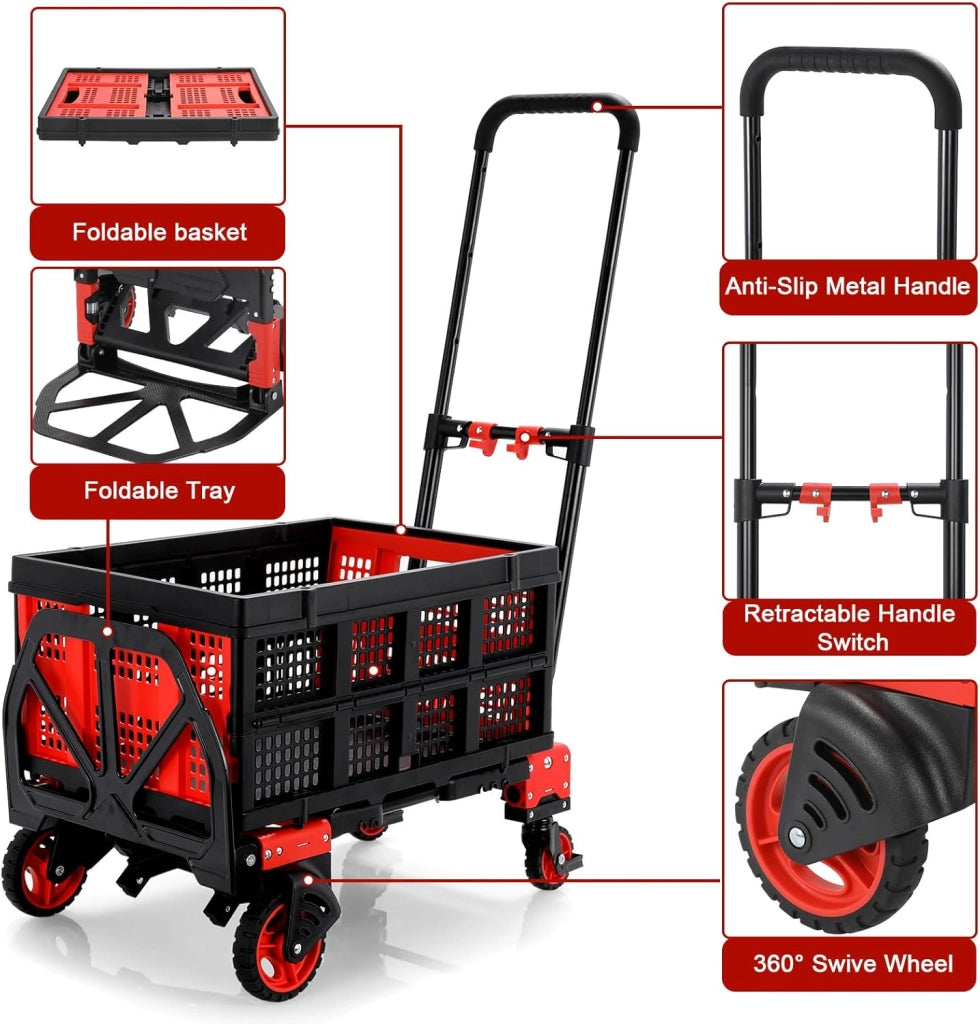 Carrello 2-in-1 con con Grande Scatola Pieghevole, Carrello a Piattaforma max. 150 kg, 2 Elastici con Gancio, Regolabile in Altezza a 3 Livelli, per Trasporto, Shopping, Campeggio, Trasloco (Rosso)