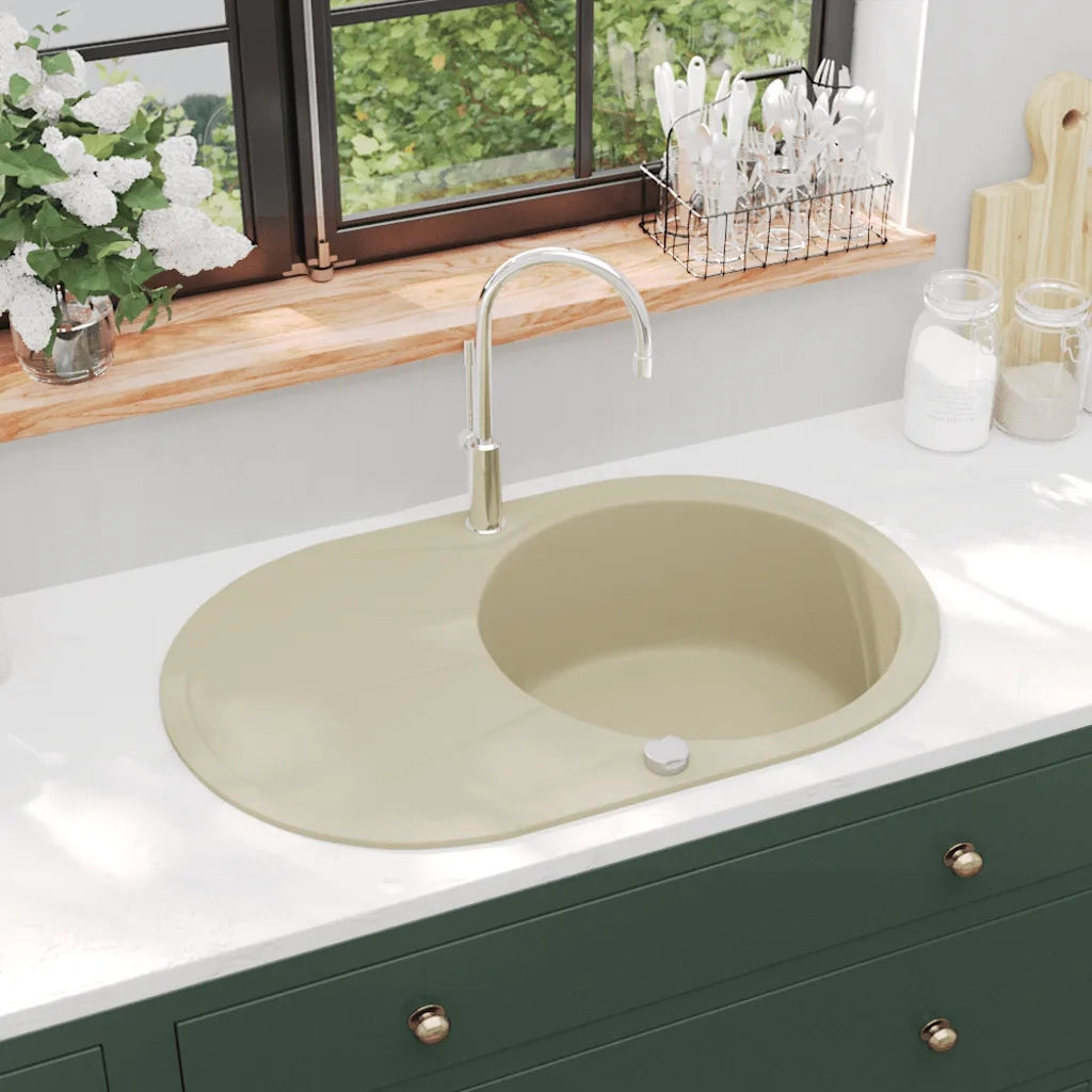 Lavello da Cucina in Granito Vasca Singola-Lavandino-Lavabo Ovale Beige