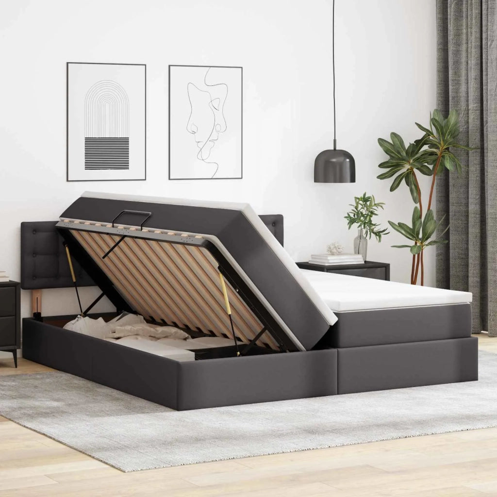 Letto con contenitore e LED Grigio 180 x 200 cm Pelle Sintetica