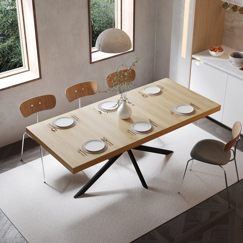 Tavolo allungabile rettangolare con vano contenitore e base in metallo per cucina e sala da pranzo naturale 140 × 80 × 76 cm
