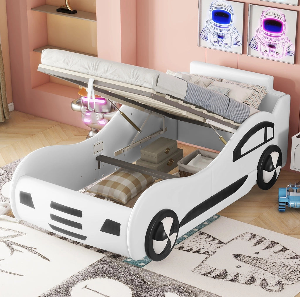Letto auto bambini 90x200 cm con rete a doghe e contenitore; PU; bianco