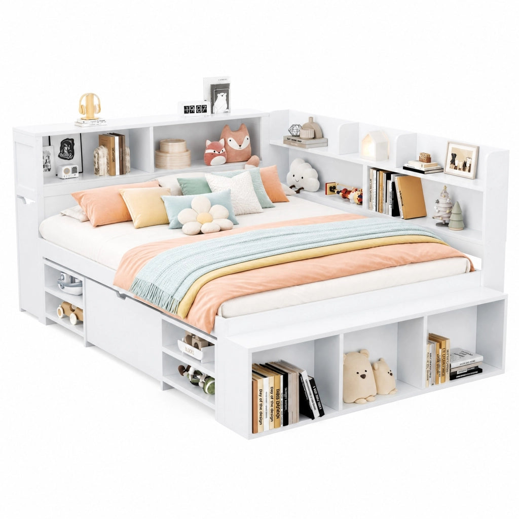 Letto bambino multifunzione con cassetti e ripiani, 140x190 cm, bianco