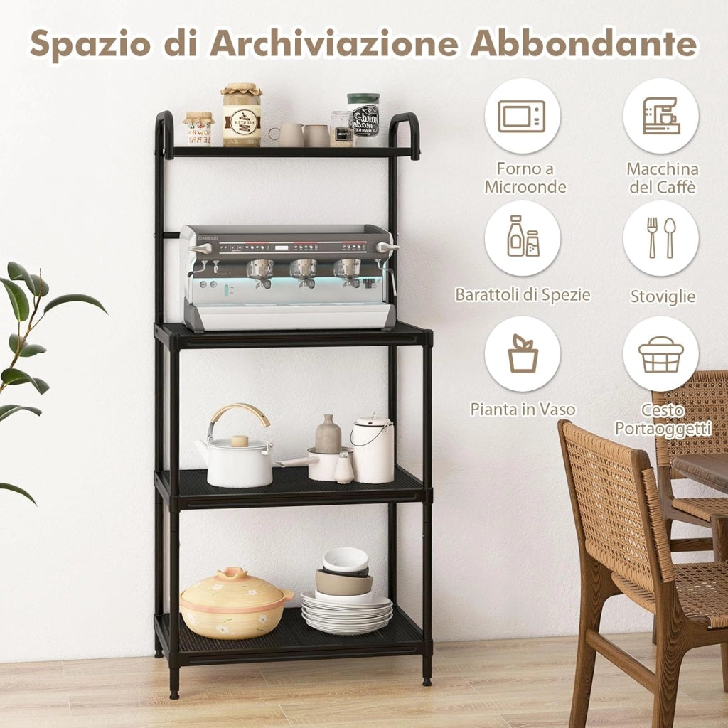 Microonde Scaffale da Cucina per Microonde in Metallo a 4 Ripiani, Carrello per Microonde Scaffalatura Organizzatore Portaoggetti, 60 x 34 x 136 cm (Nero)