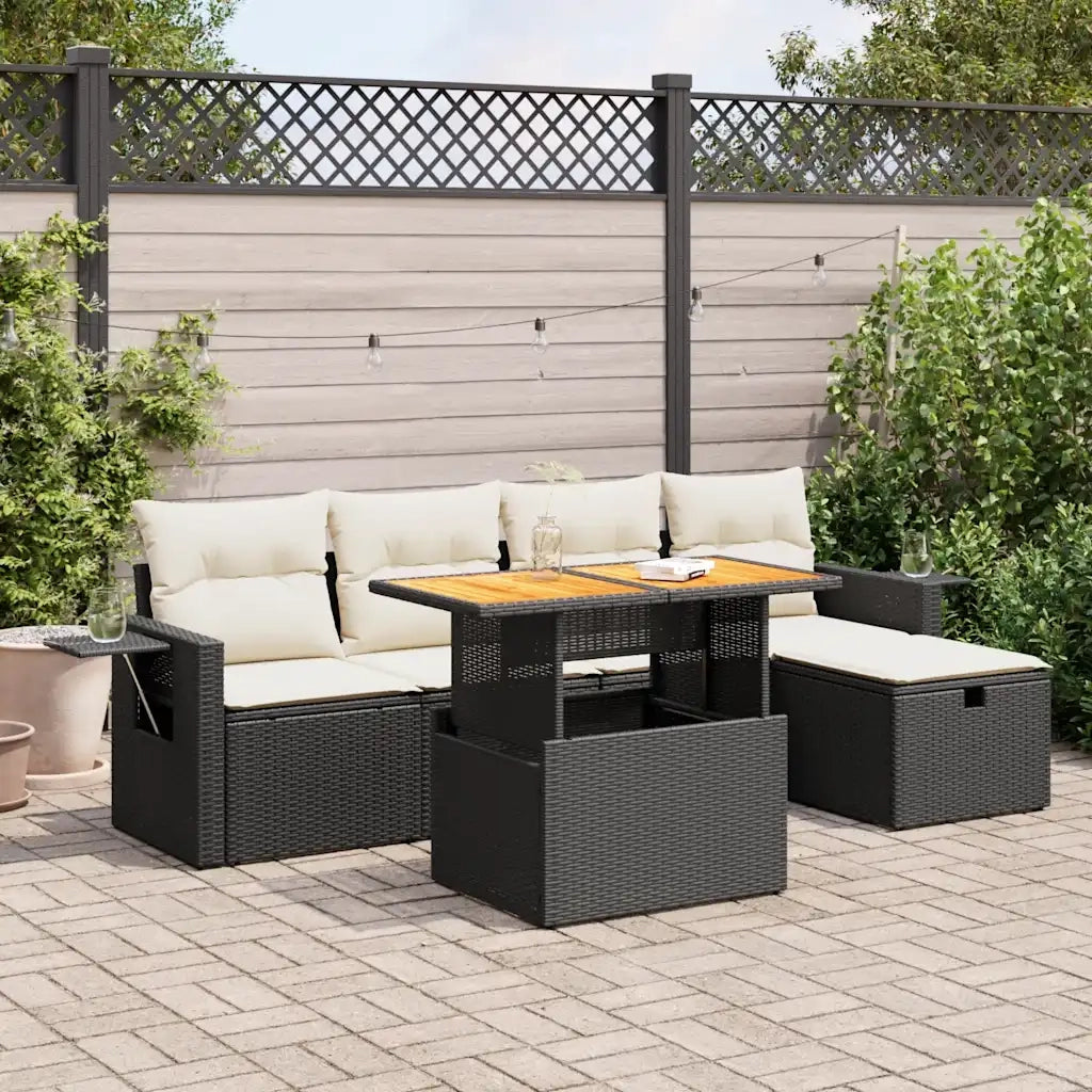 vidaXL Set Divano da Giardino 6 pz con Cuscini Nero Polyrattan Acacia