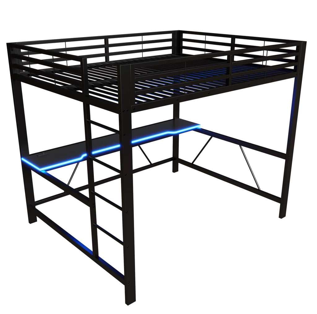 Letto a soppalco 160x200 cm con scrivania integrata; LED e struttura in metallo nero