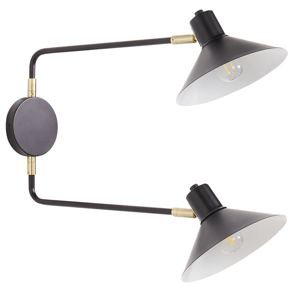 Lampada da parete in acciaio nero a 2 luci con paralumi a tamburo regolabili con elementi dorati Soggiorno moderno industriale Camera da letto