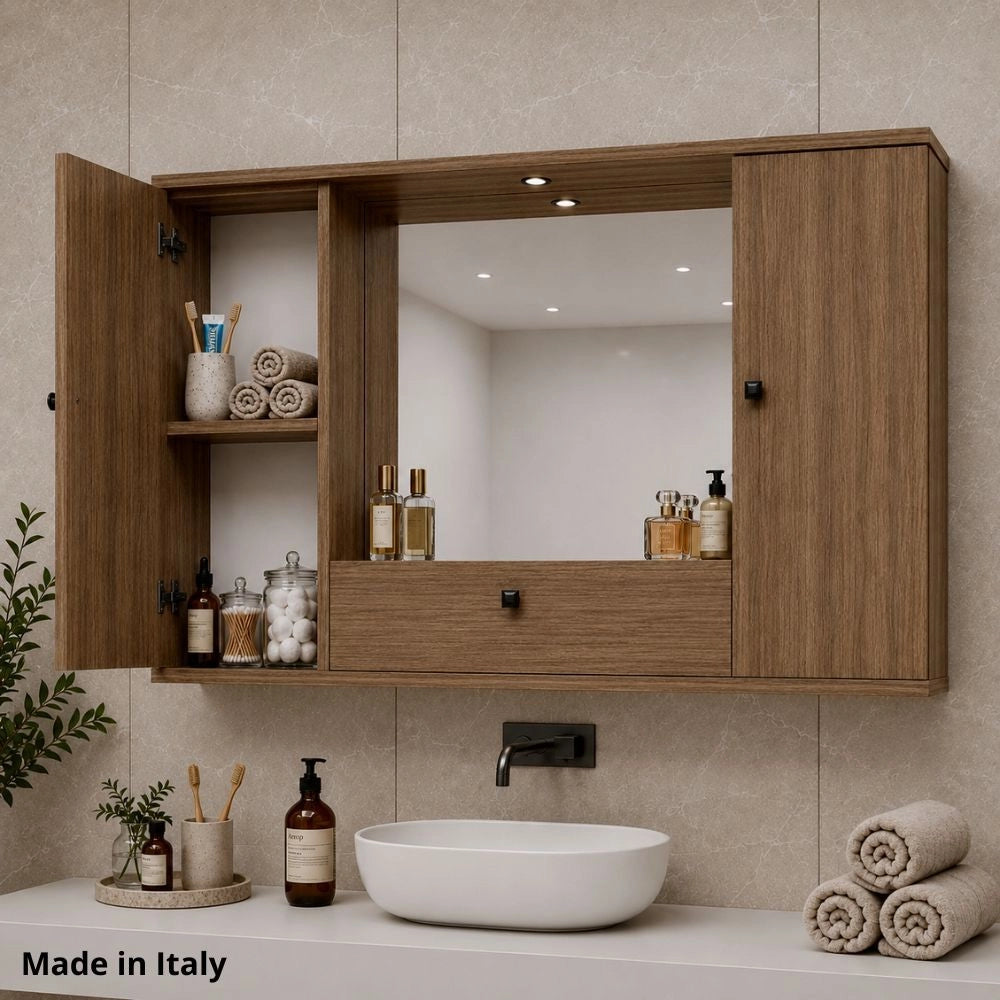 Mobile bagno pensile 3 ante con Specchio colore noce naturale 93x14x61H