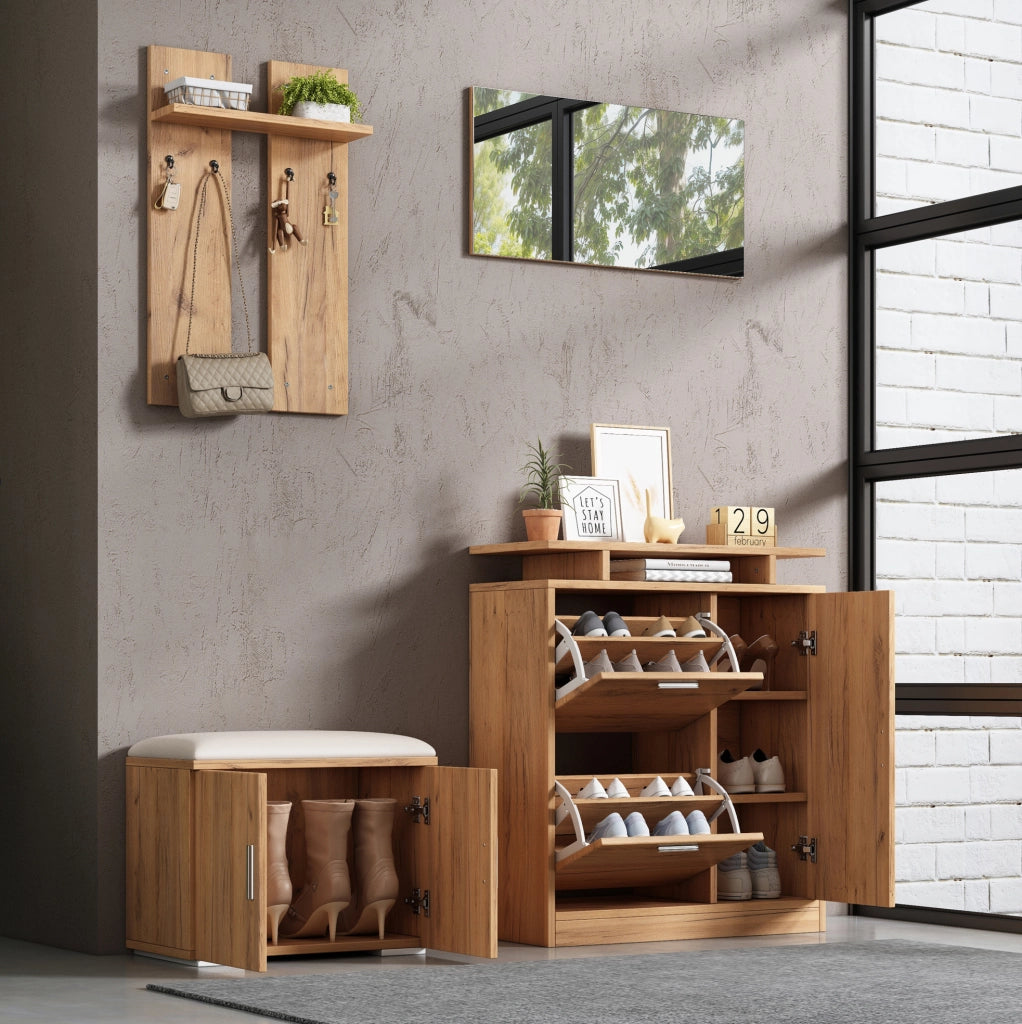 Set mobili ingresso 140x35x133 cm con panca; scarpiera; specchio e 4 ganci effetto legno naturale HOMVRA