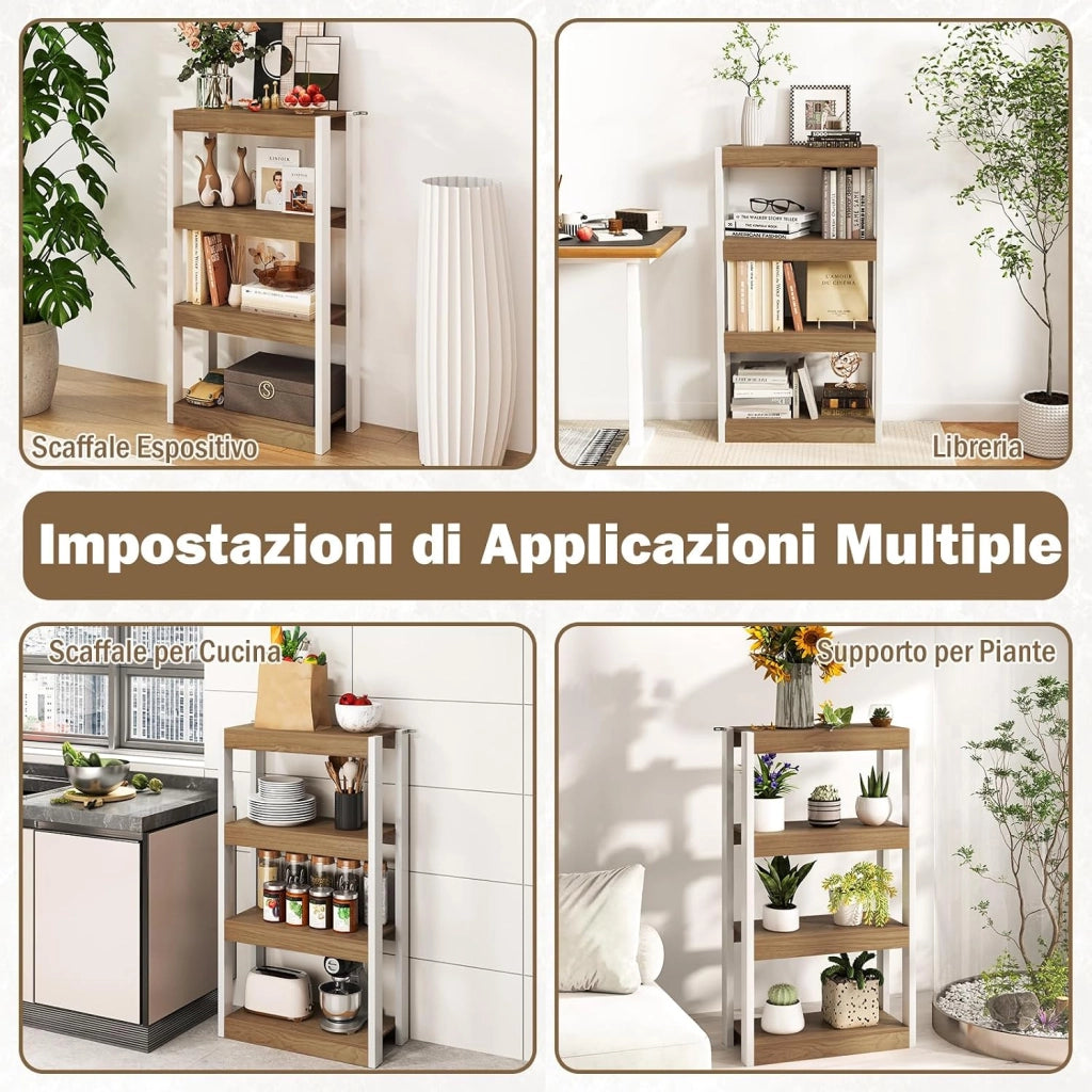 Libreria Aperta a 4 Ripiani, Scaffale Salvaspazio in Legno Anti Ribaltamento, Scaffale Portaoggetti Espositivo per Camera da Letto, Soggiorno, Cucina e Ingresso (Naturale,4 Livelli)