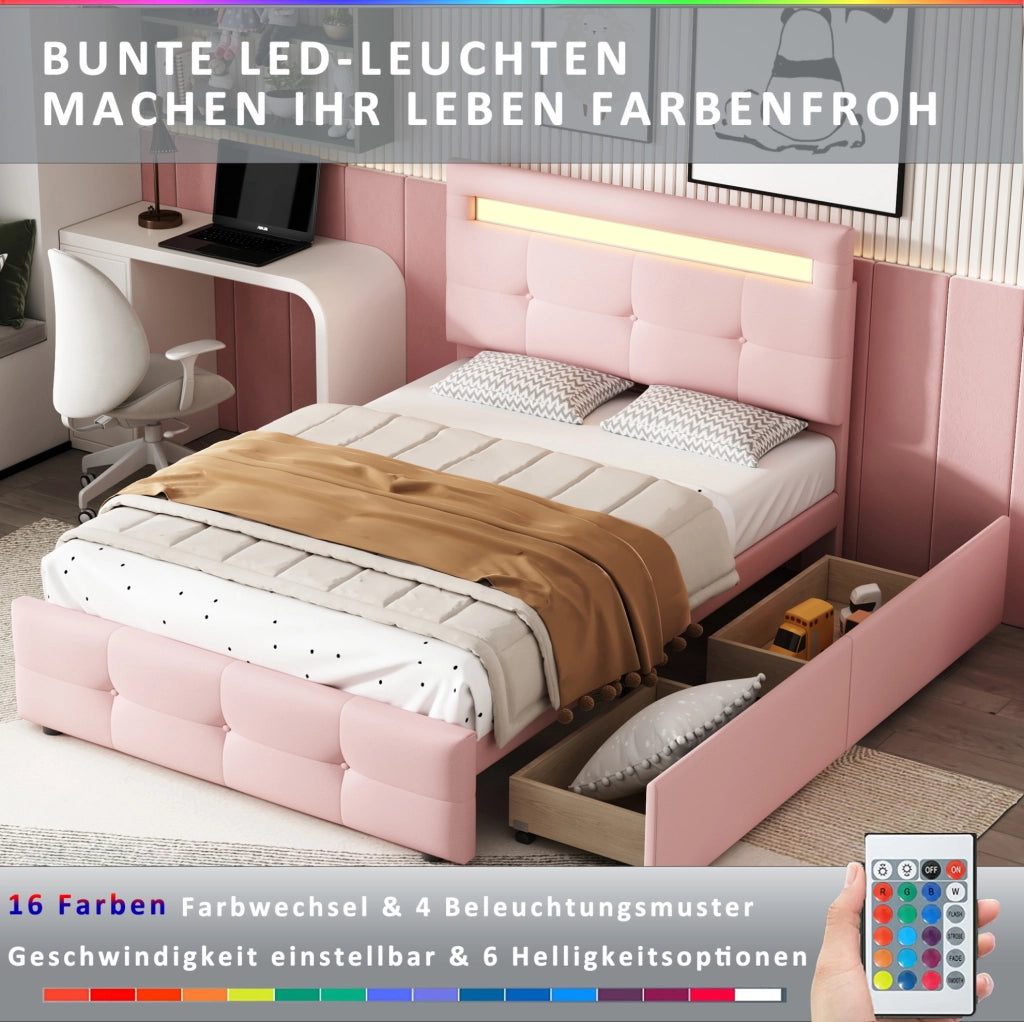 Letto singolo imbottito 90x200 cm con LED e 2 cassetti; rosa