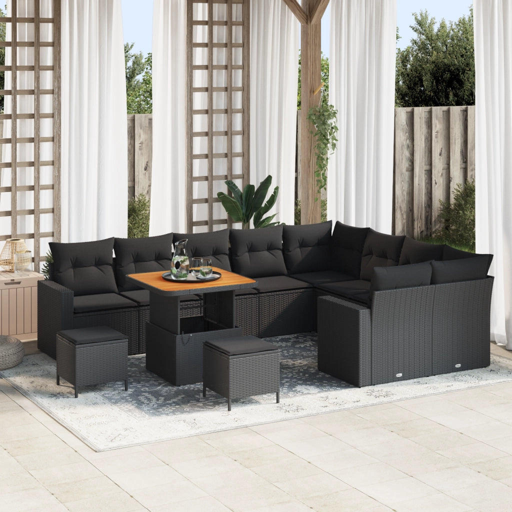 Set di divani da giardino  da 12 pezzi con cuscini neri in polyrattan e acacia
