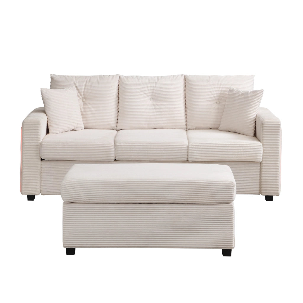 Divano 3 posti angolare beige con illuminazione LED, pouf mobile e cinque cuscini confortevoli