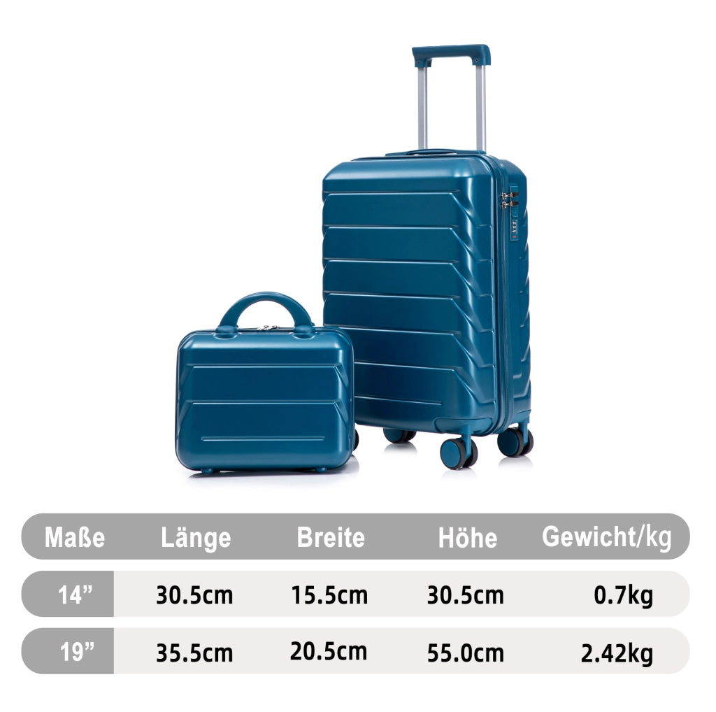 Set Valigie Rigide ABS 14" + 19" con Trolley, Lucchetto a Combinazione e Borsa Cosmetici Blu Scuro