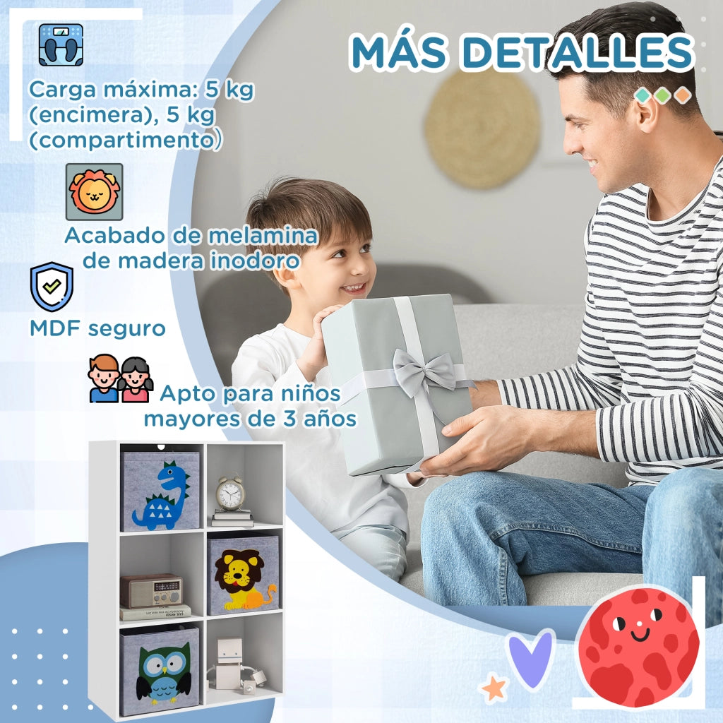 Libreria Bambini 6 Ripiani 3 Cassetti ¨C Zephmum ¨C Bianco Grigio 61.8x29.9x91.5 cm