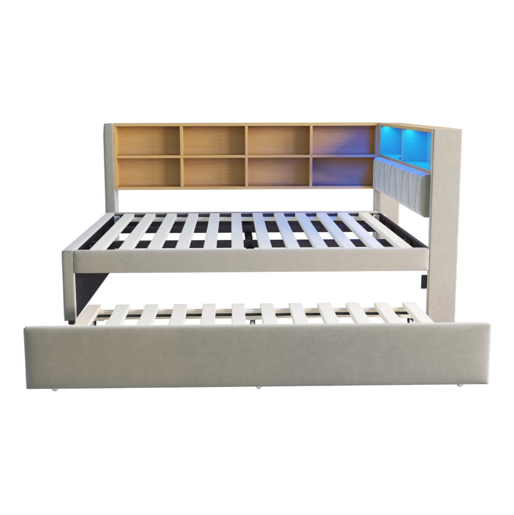 Divano letto con letto estraibile 140x200 cm; LED; porte USB/Type-C e presa; grigio chiaro