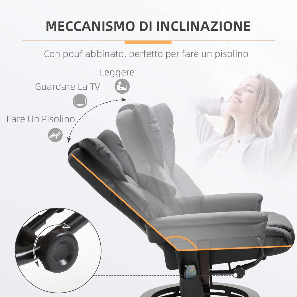 Poltrona Relax Reclinabile Massaggiante con Poggiapiedi ¨C Xylo ¨C Tessuto Nero Girevole 360¡ã