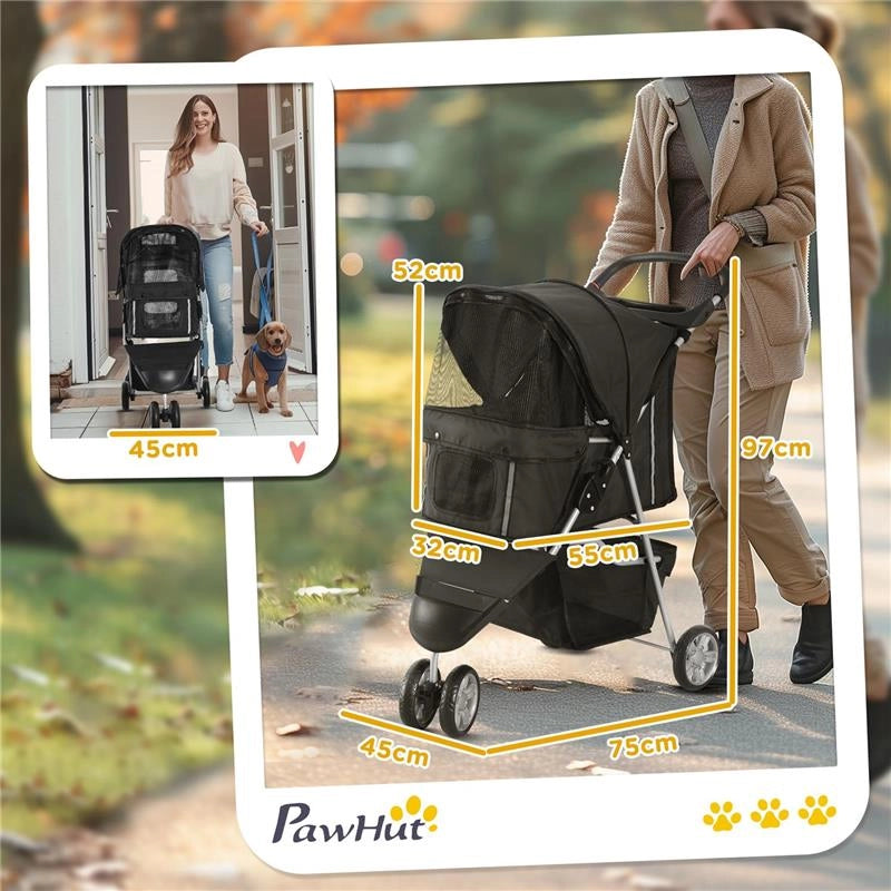 PASSEGGINO PER CANI PICCOLI PIEGHEVOLE CON RUOTE GIREVOLI E FRENO 75X45X97 CM NERO