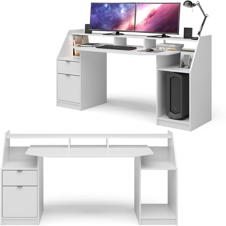 Scrivania computer Joel, Bianco, 179.8 x 65.5 cm, con ripiani per accessori e supporto rialzato per monitor