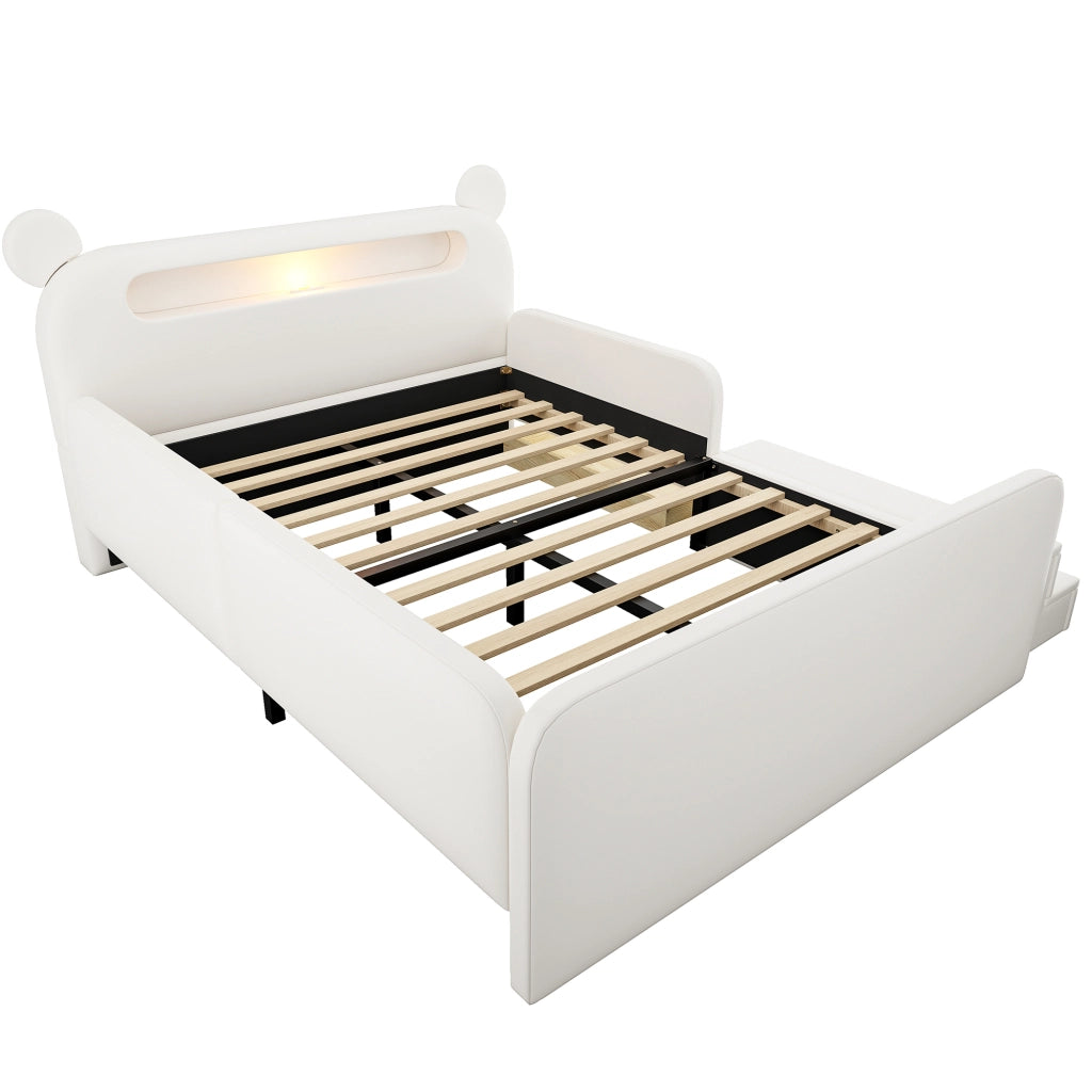 Letto imbottito per bambini con testiera a orso e USB, 140x200 cm, bianco