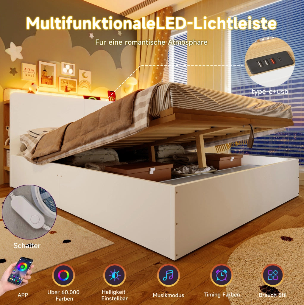 Letto 140x200 cm con contenitore idraulico, LED e USB-C