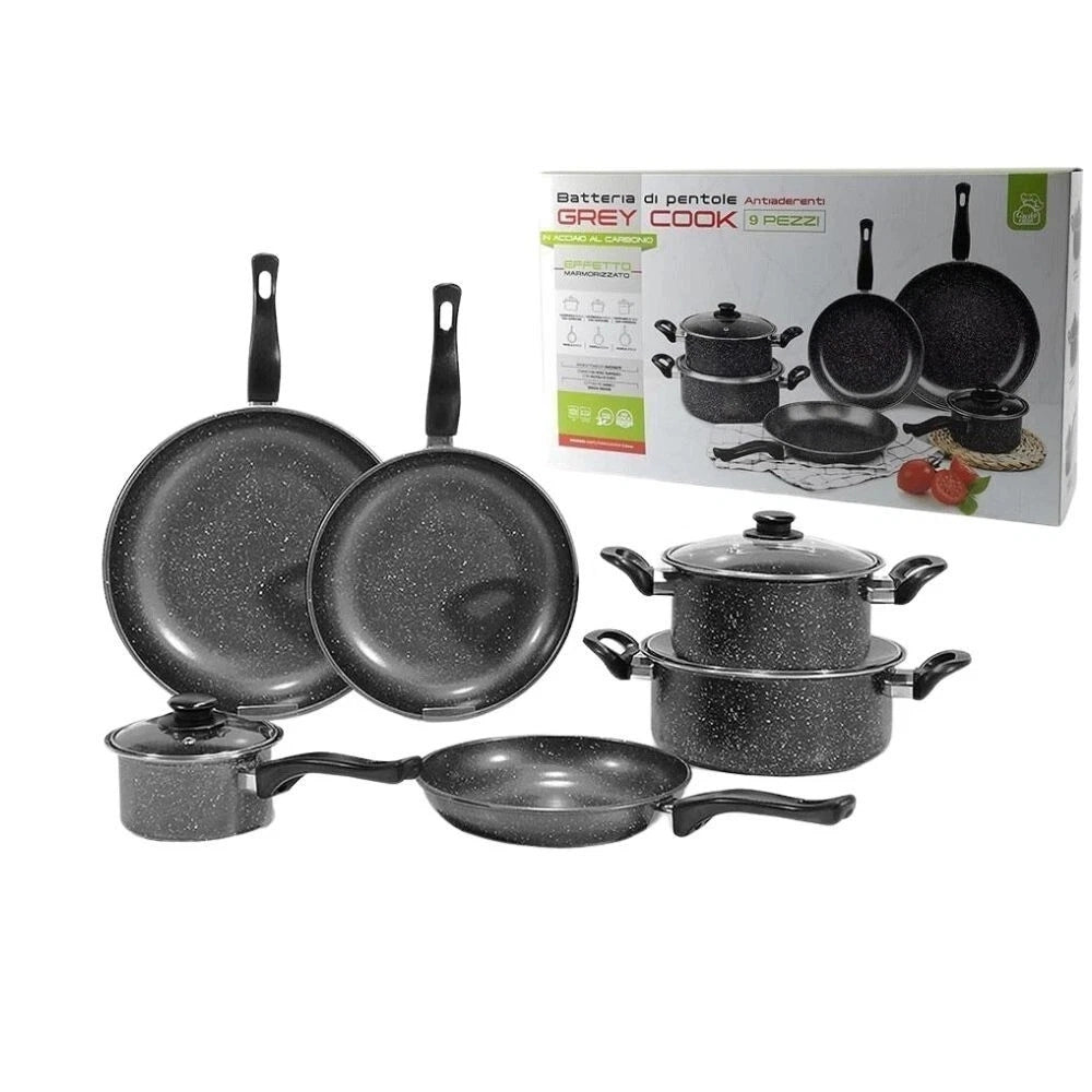 Trade Shop - Set Batteria Pentole Padelle 9pz Antiaderenti In Acciaio Al Carbonio Effetto Marmorizzato -