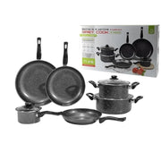 Trade Shop - Set Batteria Pentole Padelle 9pz Antiaderenti In Acciaio Al Carbonio Effetto Marmorizzato -
