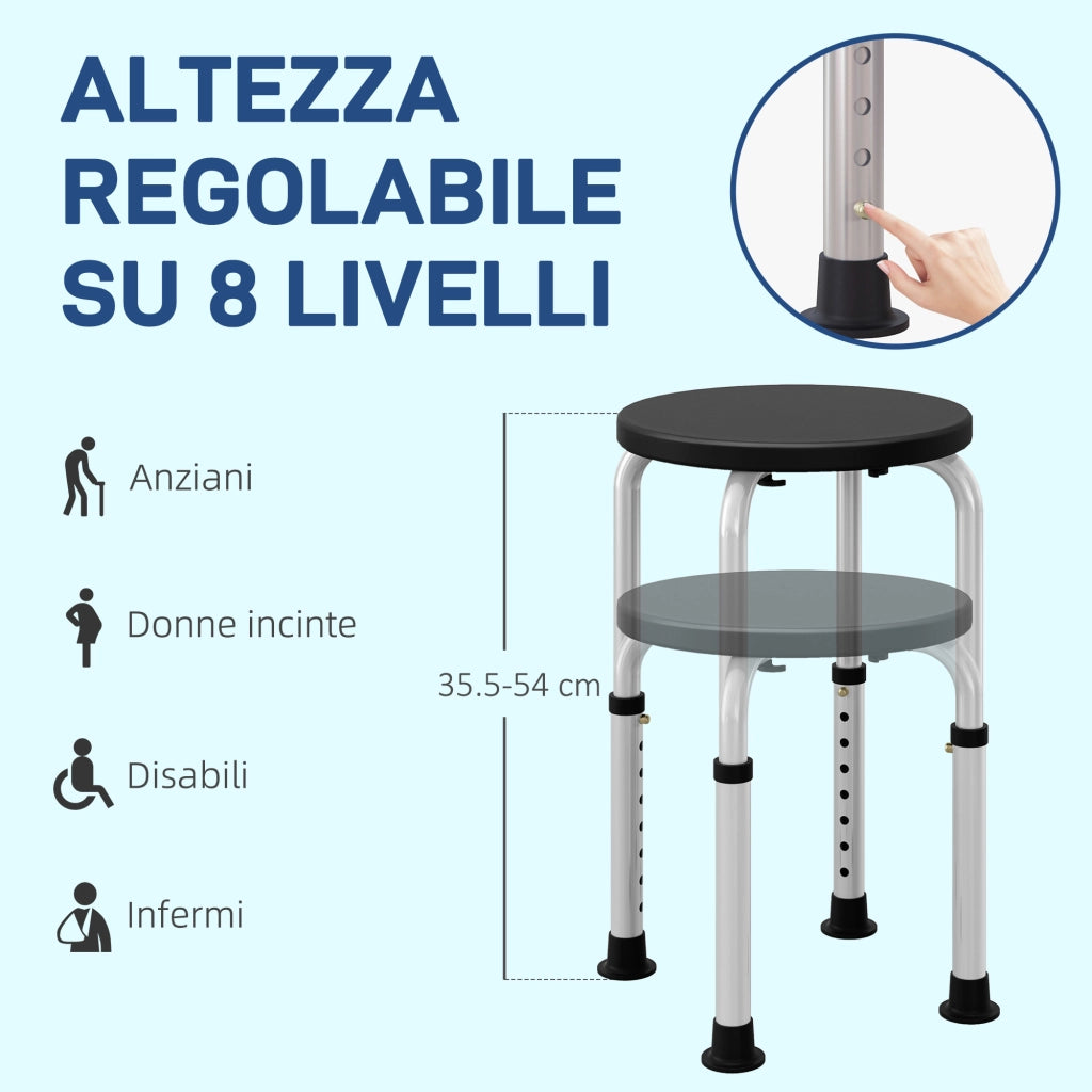 Sgabello da Doccia Antiscivolo e Regolabile su 8 Altezze, in Alluminio e PE, 32.5x41x35.5-54 cm, Nero