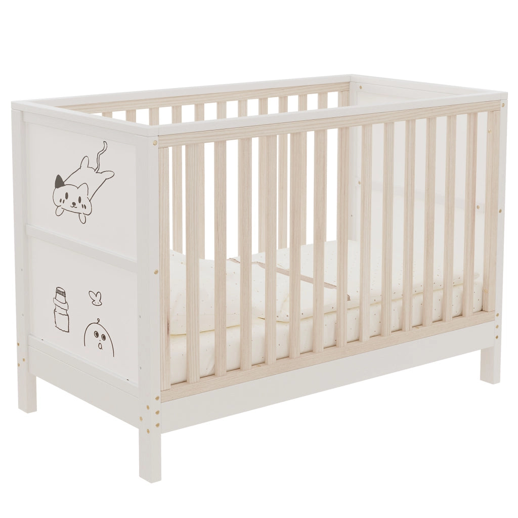 Set cameretta con lettino a sbarre e armadio scorrevole, legno massello e MDF, Natural/White
