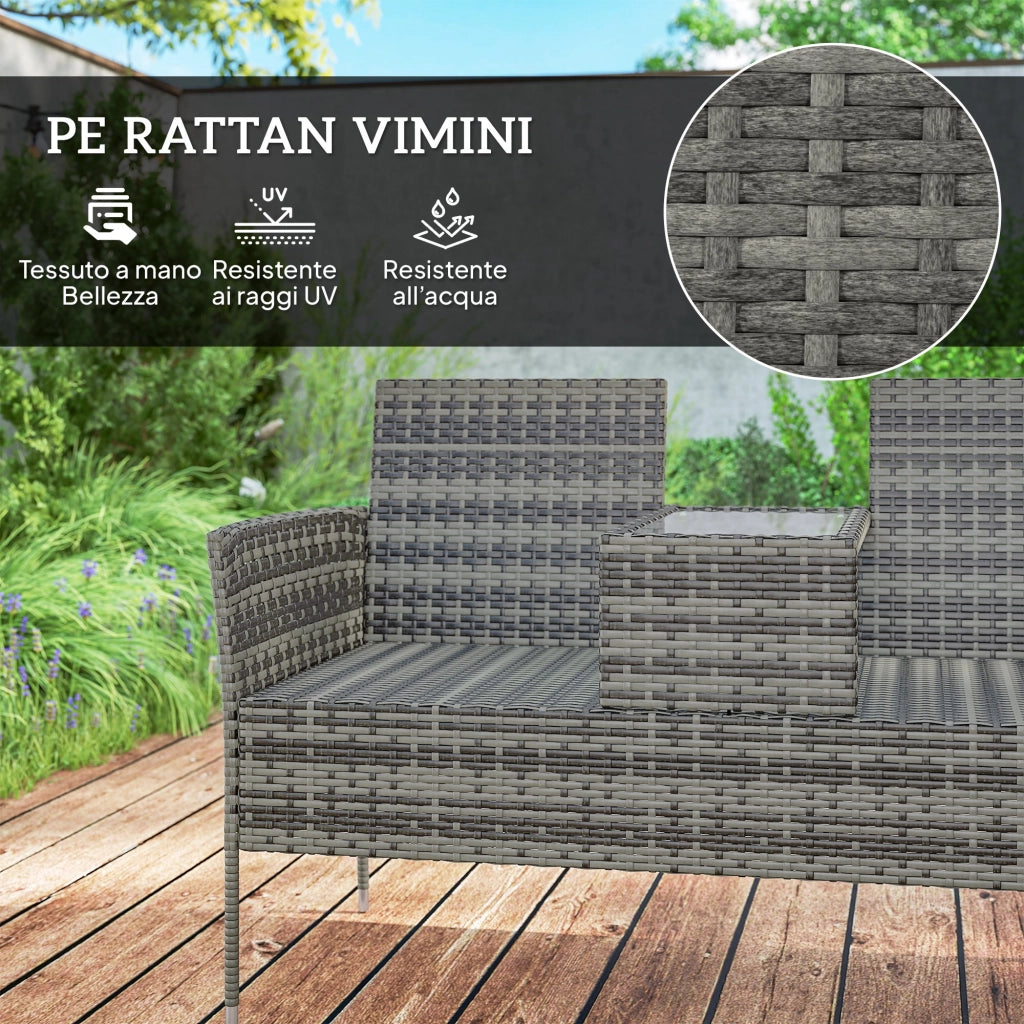 Panchina da Esterno 2 Posti con Tavolino da Caff¨¨, in Acciaio e Rattan PE, 137x59x82 cm, Grigio