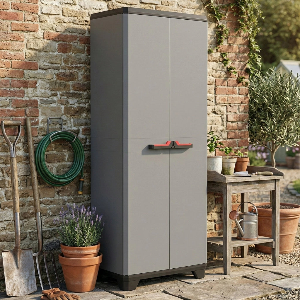 Armadio da esterno Cochrane, Mobile outdoor, Mobiletto giardino multiuso, Contenitore per balcone o garage, Made in Italy, 68x39 h173 cm, Grigio