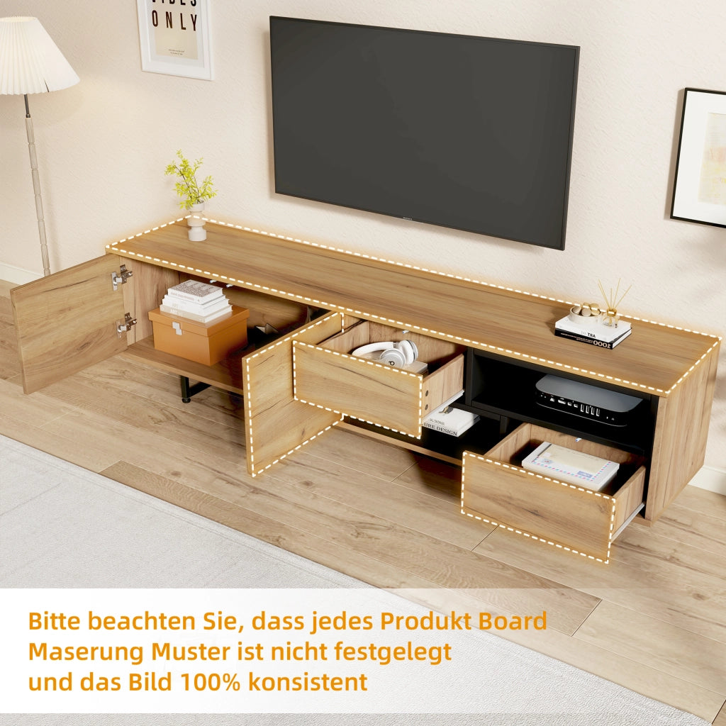 Mobile porta tv con due ante, due ripiani aperti e due cassetti diagonali in legno, 173 × 38 × 48 cm