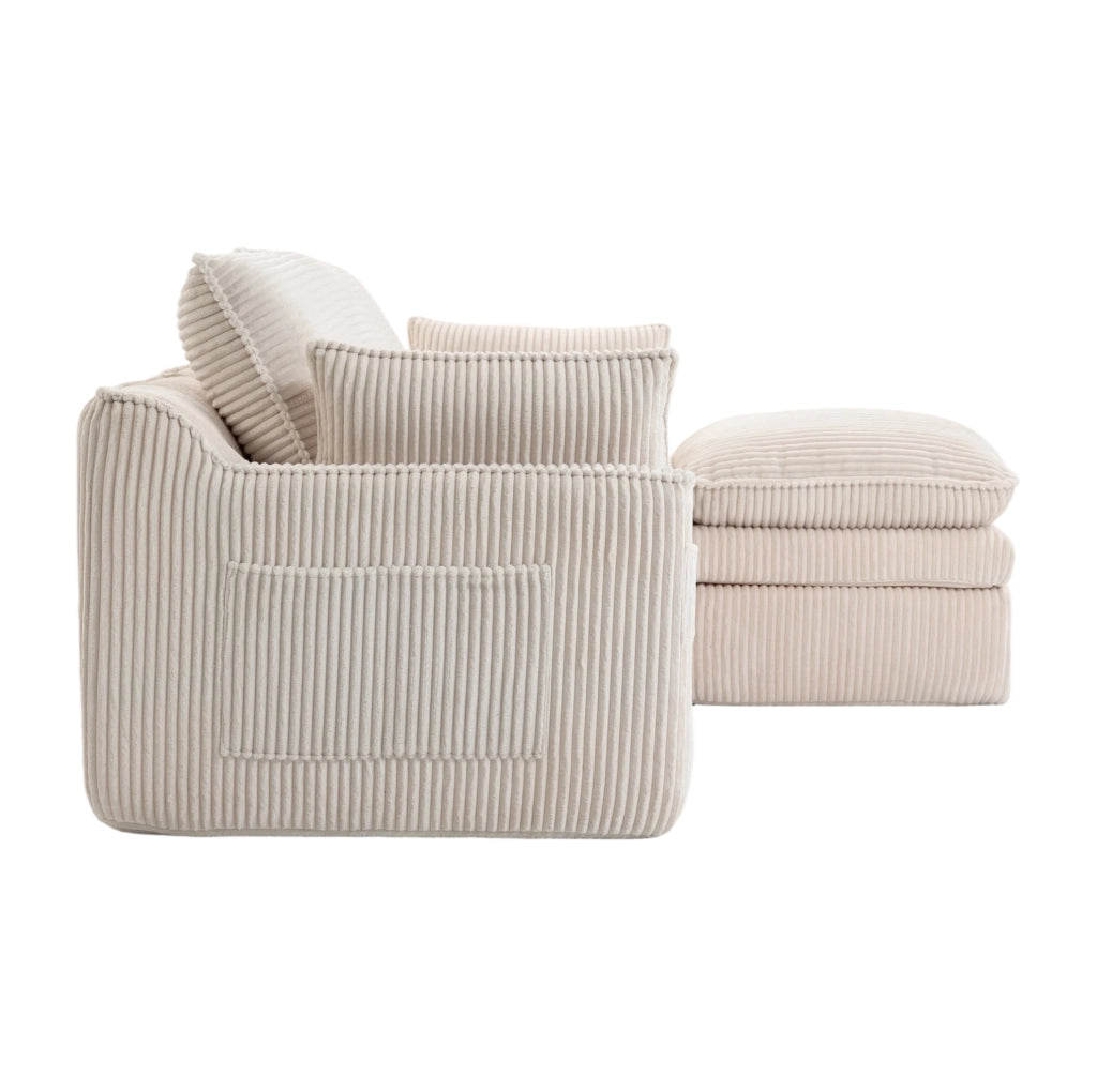 Divano modulare a 3 posti in corduroy beige con pouf; tasche laterali e cuscini 263x167x85 cm