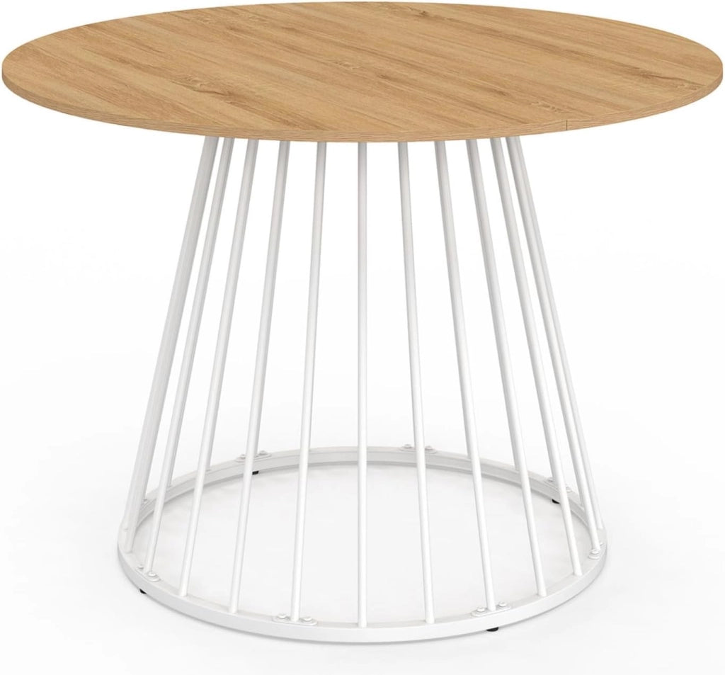 Tavolo da pranzo rotondo per 6 persone YUNA con piano in legno e gamba in filo metallico bianco 110 cm