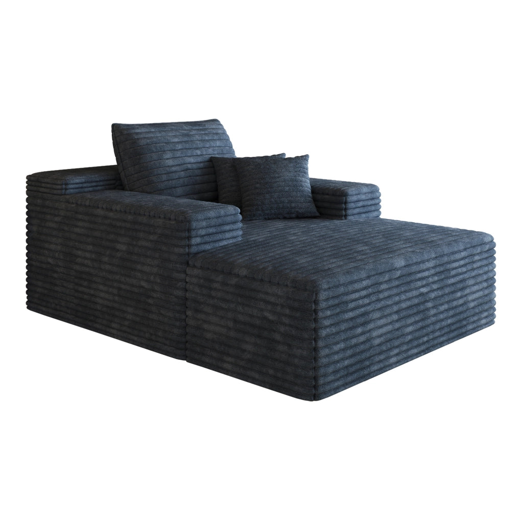 Divano con chaise longue in velluto a coste blu; schiuma ad alta elasticità