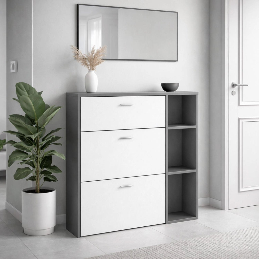 Mobile Portascarpe Scarpiera Salvaspazio Con 2 Ribalte Doppia Profondità 1 Cassetto E 3 Vani A Giorno Design Moderno Per Ingresso Corridoio Sala 90 X 101.5 X 26 Cm Bianco E Grafite