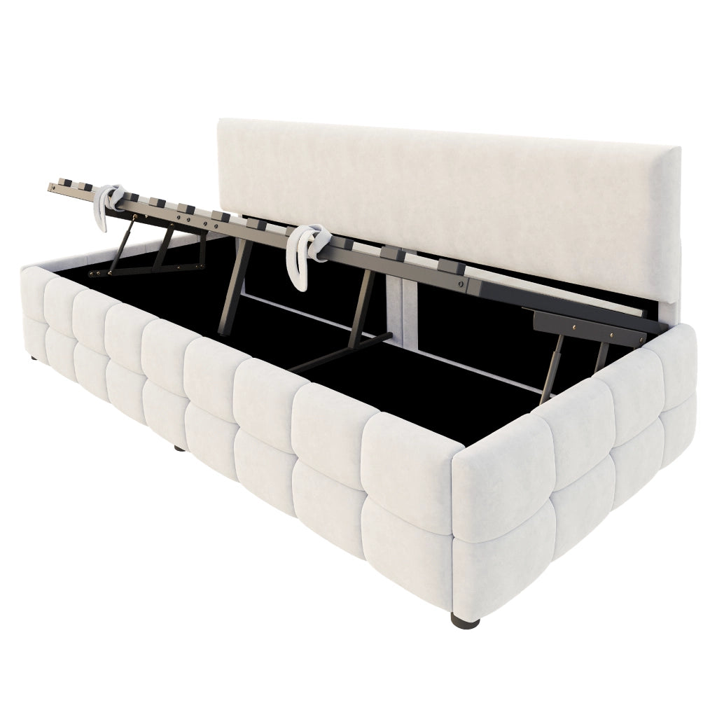 Letto imbottito singolo 90x200 cm con contenitore idraulico, schienale senza braccioli, velluto beige