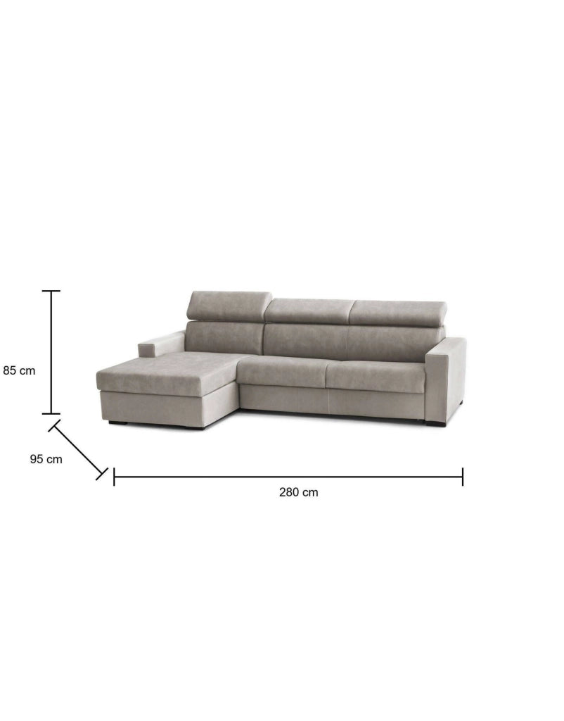 Divano Letto Alibabah, Divano ad angolo, Made in Italy, SofÒ  con apertura girevole, con Penisola contenitore Sinistra, con Braccioli standard, cm 280x95h85, Tortora