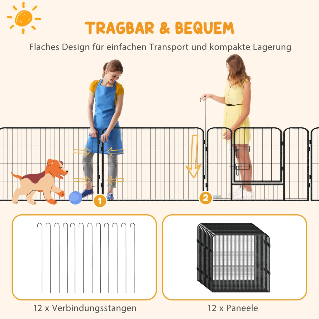 Area giochi configurabile per cani con 12 pannelli e 2 porte pieghevole per interni ed esterni in acciaio grigio
