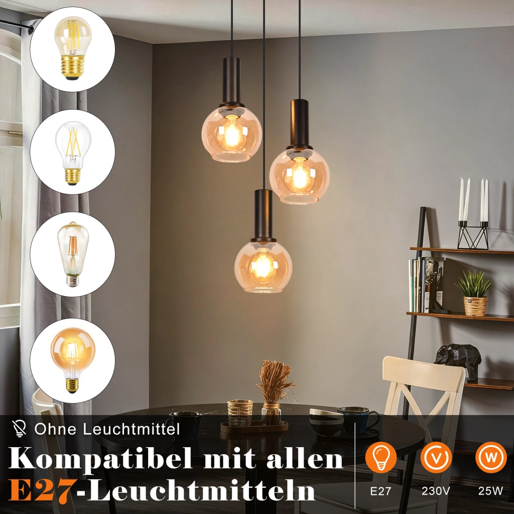 ZMH Lampada a Sospensione 3 Luci Vetro Ambra Vintage Altezza Regolabile E27 per Sala da Pranzo Cucina Senza Lampadina