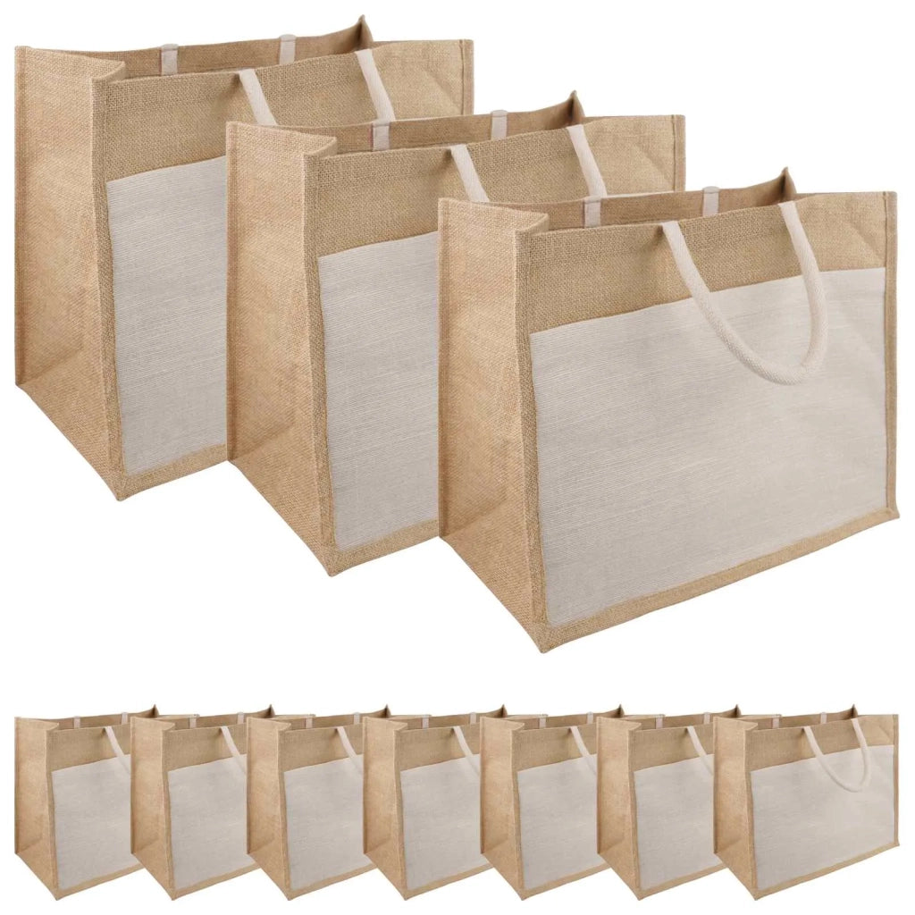 Borse in juta con tasca 10 Naturale e Bianco 42 x 33 x 19 cm 42012291