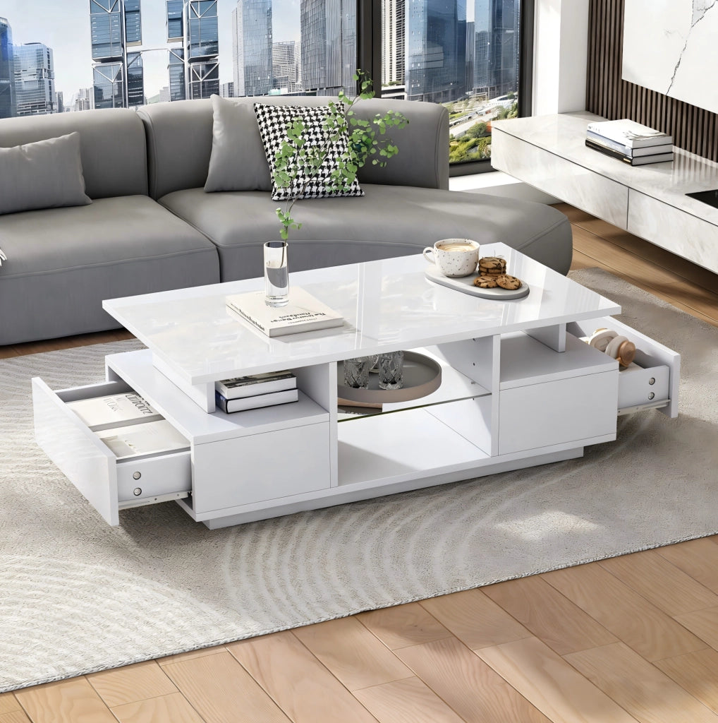 Tavolino da salotto 100 x 50 x 36 cm con 2 cassetti; LED; ripiani in vetro; bianco lucido