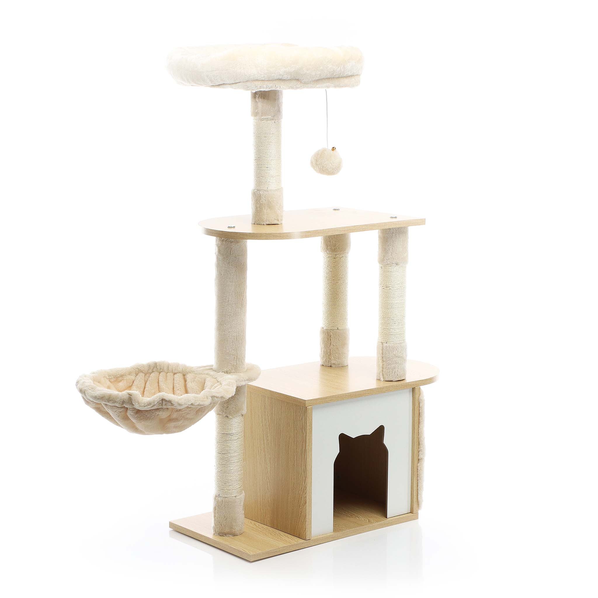 Fudajo Albero tiragraffi Legno beige 106cm Con casetta per gatti, colonne in sisal e cucce