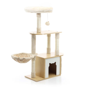 Fudajo Albero tiragraffi Legno beige 106cm Con casetta per gatti, colonne in sisal e cucce