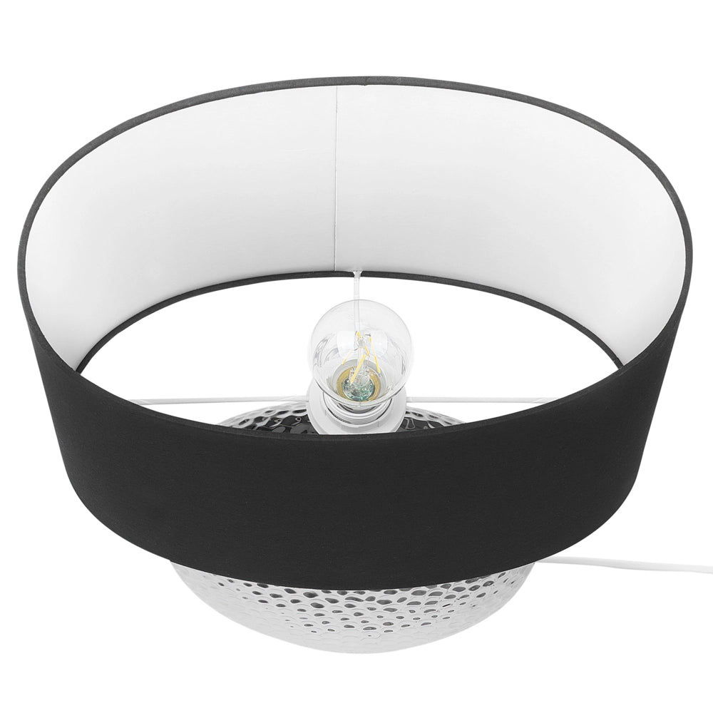 Lampada da Tavolo Argento e Nero Ceramica Base Lucida Paralume Tamburo in Poliestere Design Glam