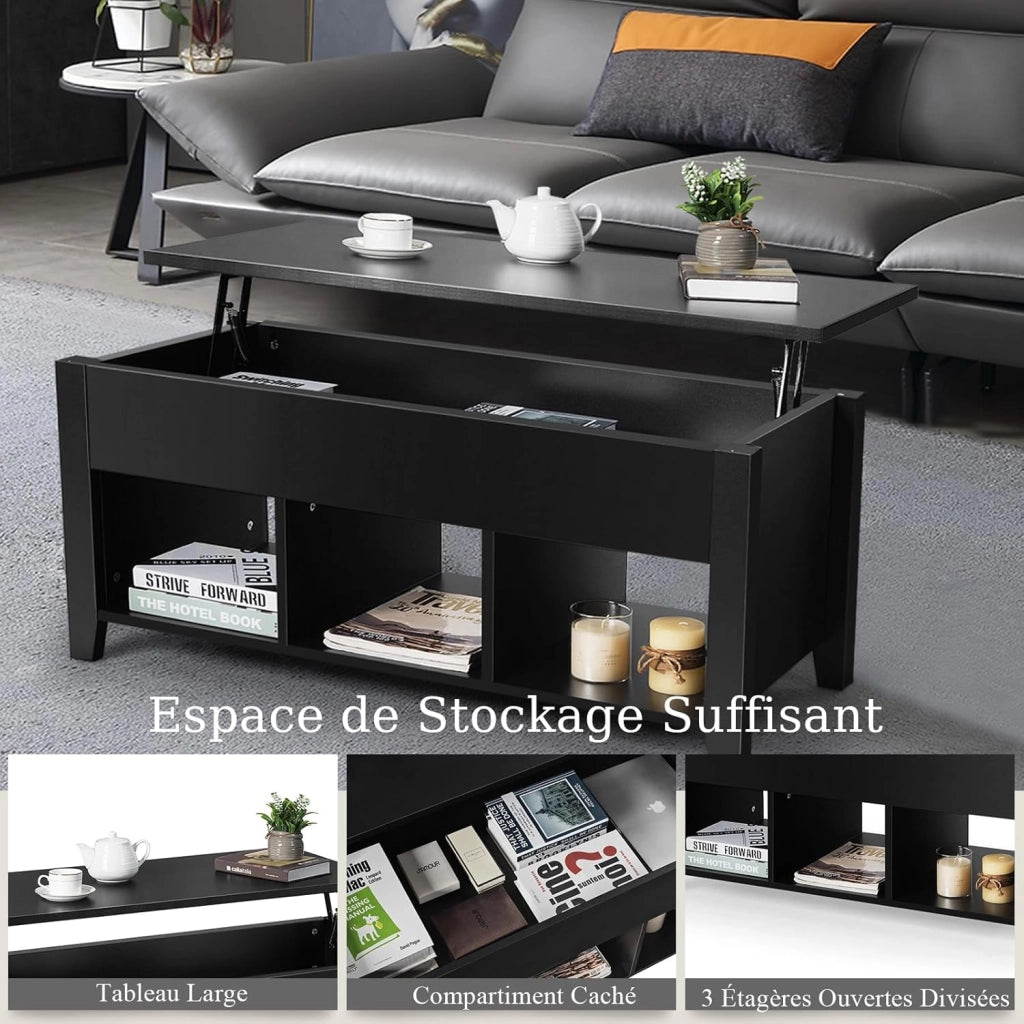 Tavolo da caffè con spazio nascosto e sollevabile, tavolo da pranzo e salone, con 3 spazi divisi, 104 x 49 x 48/62,5 cm per soggiorno e sala da pranzo (nero)