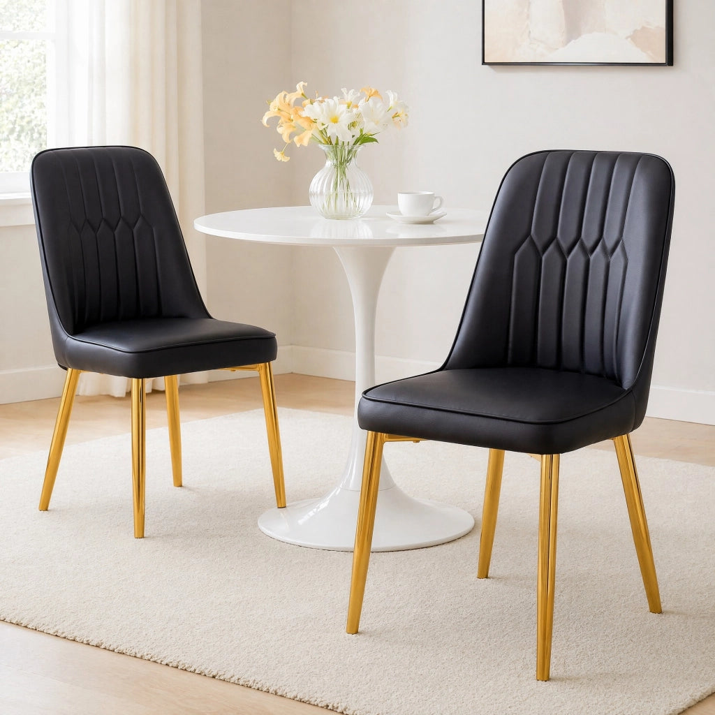 Sedia da pranzo moderna in PU nero e oro; 89 cm; con gambe in metallo
