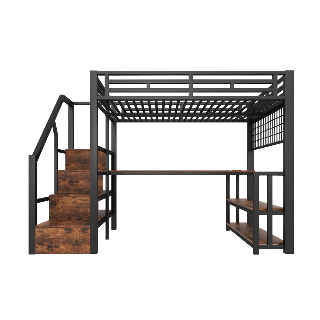 DESMIU Letto a soppalco 140 × 200 cm 2 posti con scrivania, LED regolabile, USB, Type-C e scaffale, senza materasso